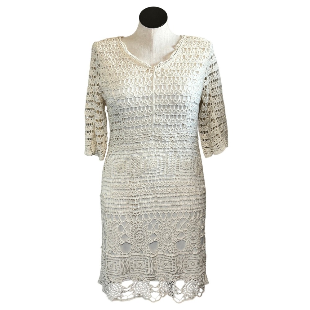 Womens‎ Cream Crochet Lace Boho Sheath Dress V-Neck 3/4 Sleeve Large